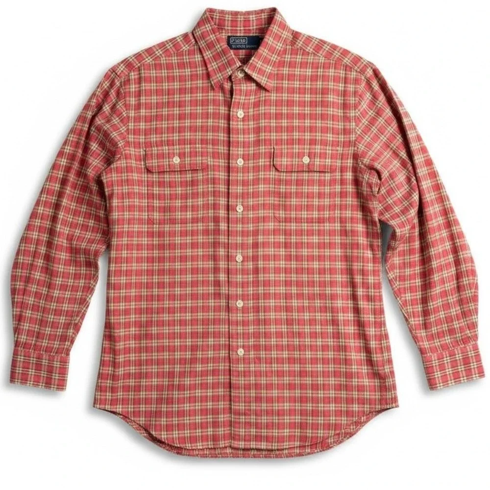 Polo Ralph Lauren Button Up Shirt Mens‎ XXL Salmon Red Plaid Long Sleeve Pockets